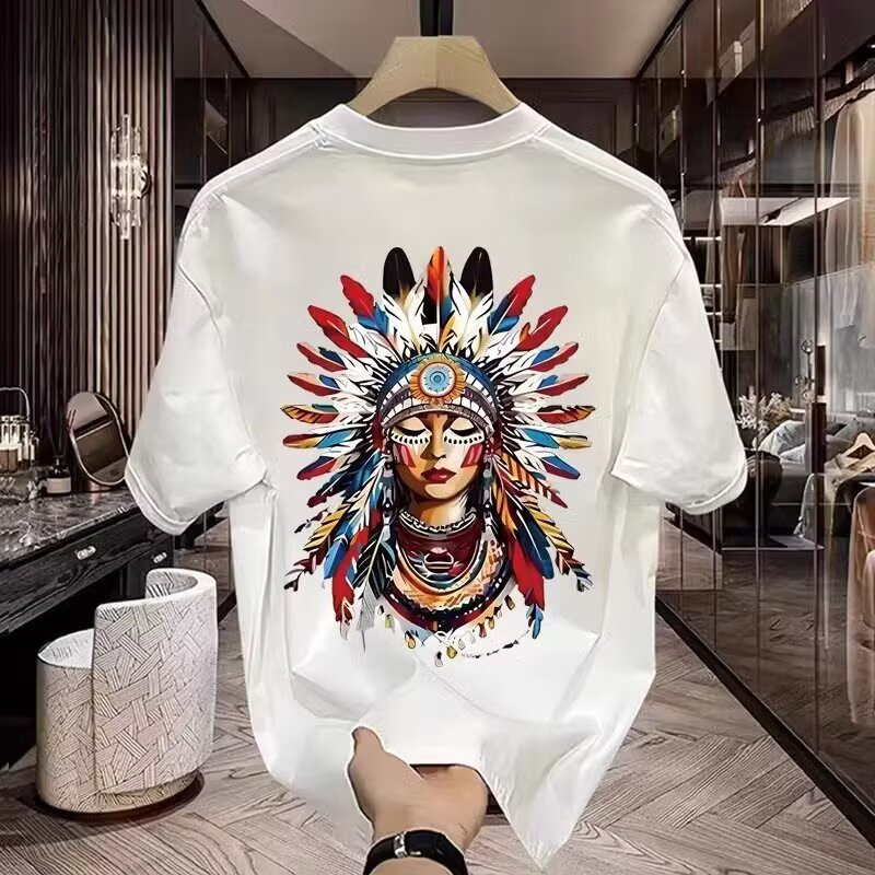 Camiseta unisex retro estampado jefe indio y plumas algodón_voghion.com