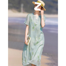 棉麻复古印花连衣裙2025夏季宽松时尚休闲大码短袖旗袍中长裙女装