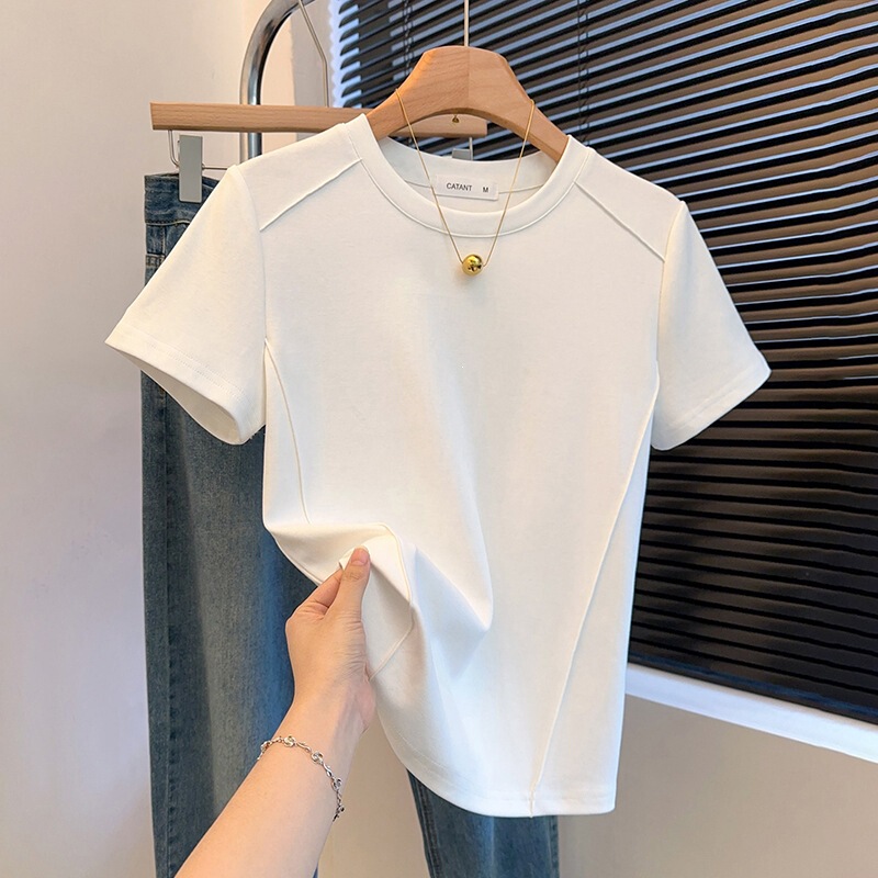 Wholesale Summer 210g 40-Count Cotton Korean Style Fishbone Short-Sleeve T-Shirt for Women, Regular Shoulder, Solid Color, Slim Fit, Slimming Top