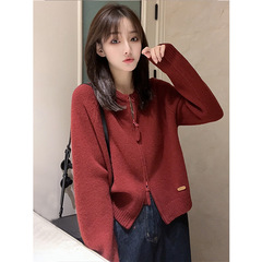 圆领短款拉链针织开衫毛衣外套女款2025新款秋冬季长袖针织衫上衣