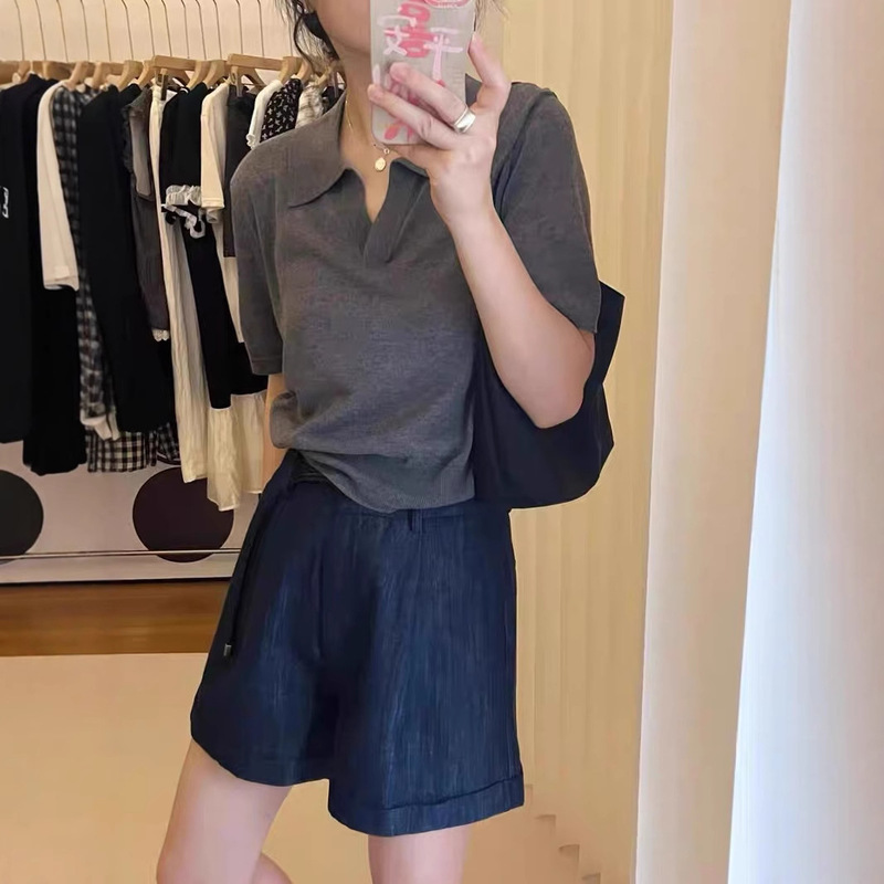 French Lapel High-end Elegant Short-sleeved Summer Thin Top Women's Loose T-shirt Korean-style All-match POLO Knitted French Lapel High-end Elegant Short-sleeved Summer Thin Top Women's Loose T-shirt Korean-style All-match POLO Knitted