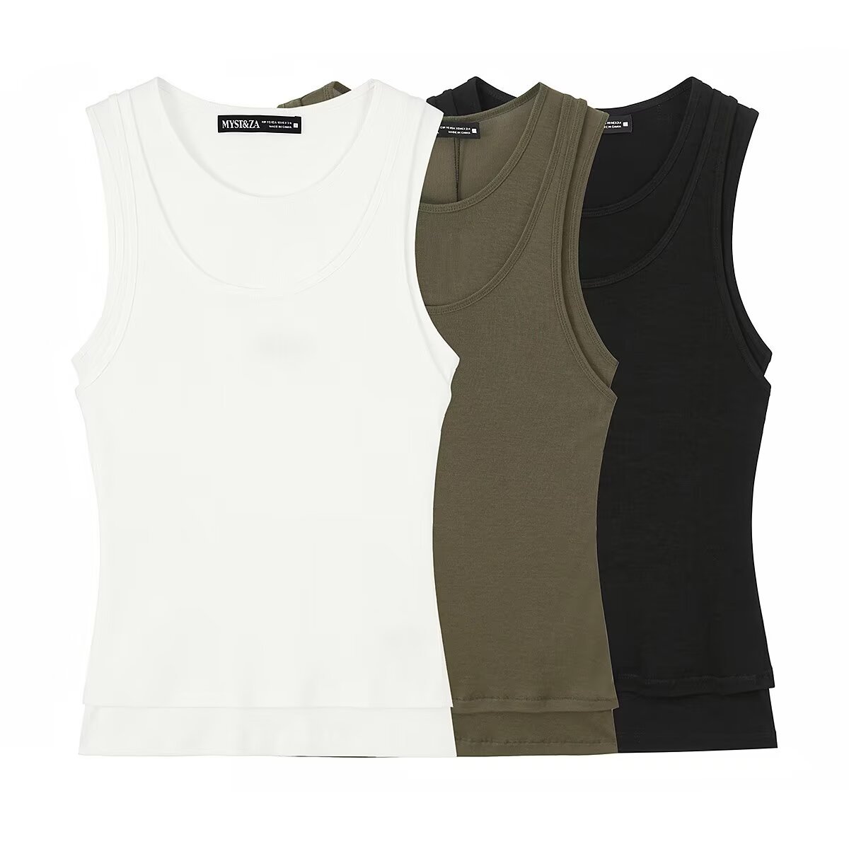 Women's Slim Fit Double-Layer Sleeveless U-Neck Top - Versatile Layering Essential In Black, White, Olive Green_ecoleips.com