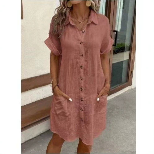 2025 Amazon European and American cross-border casual solid color cotton-linen buttoned long short-sleeve loose shirt dress for women