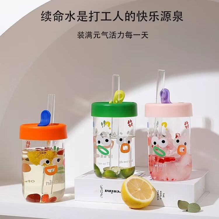 INS Style Simple Expression High Borosilicate Glass Cup with Lid and Straw Office Home Milk Tea Cup Juice Straw