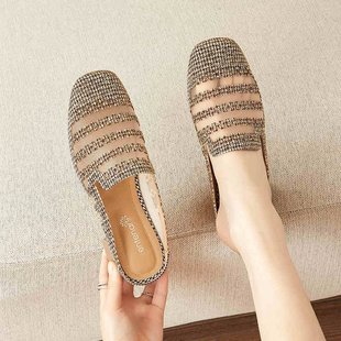 Baotou French Half Slippers for Women 2025 New Style Gentle and Fragrant Sandals Lazy Soft Sole Medium Heel Women's Shoes