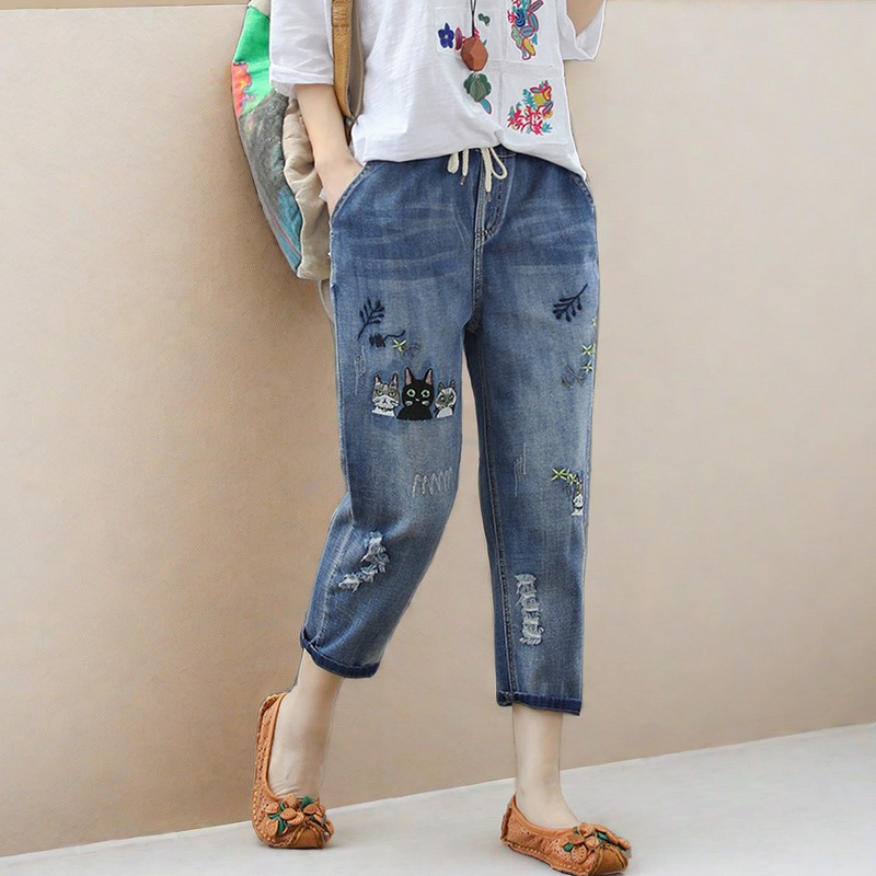 Women's jeans spring ripped artistic embroidered cropped pants women's elastic lace-up high waist casual jeans women