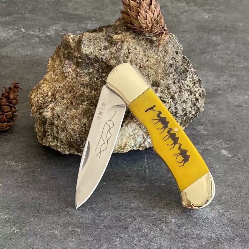 Knife Folding Fruit Knife Hardware Brass Spliced Dyed Camel Bone Handle 411Gs German Steel 135g