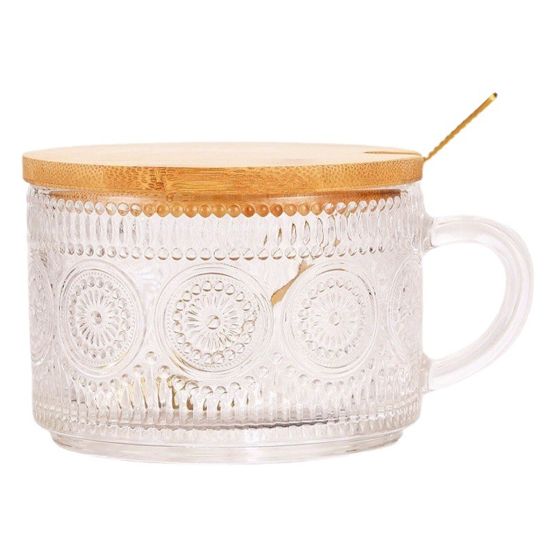 Чашка для завтрака винтажный рельеф 14oz кофейная чашка подсолнух с ложкой с крышкой прозрачная стеклянная чашка молока