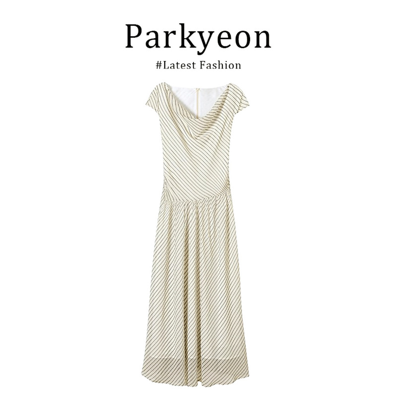 French Style Gentle Style Swing Collar Striped Dress Women's Summer Retro Waist Hepburn Long Skirt