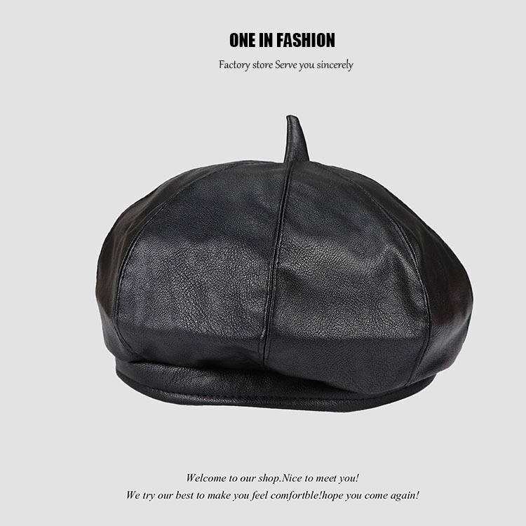 Pu boina de las mujeres de otoño e invierno versátil estilo japonés pintor calabaza sombrero negro británico retro cuero octogonal sombrero
