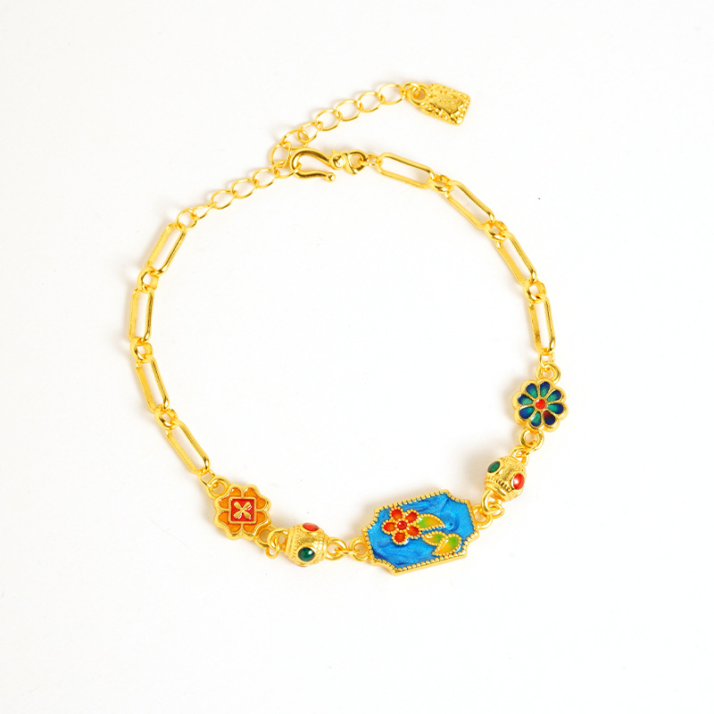 Brazalete de flores de palacio de estilo de esmalte de moda vietnamita de oro de arena para mujeres que no se desvanecen joyería de lujo ligera y alta calidad