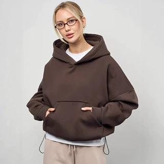 亚马逊外贸欧美女装休闲纯色连帽衫收腰长袖短款上衣套头口袋卫衣