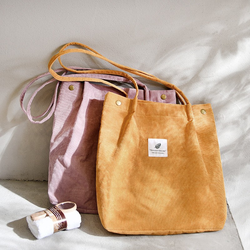 Bolsa de hombro de pana estilo coreano femenino bolsa de estudiante de cuello blanco plegable bolsa de compras Portátil Bolsa de compras de gran capacidad