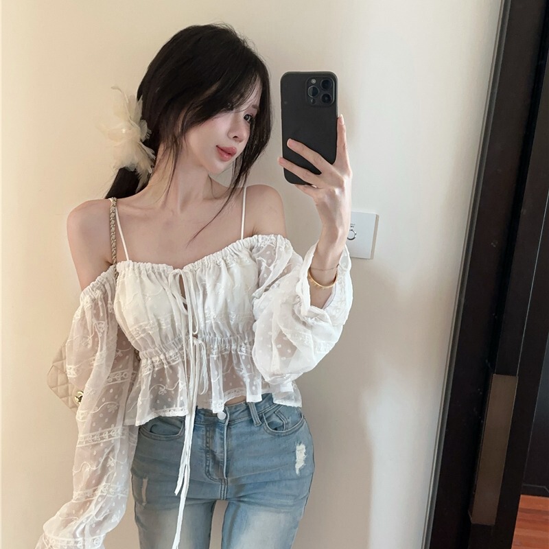 V-Neck Lace Strap Sun Protection Long-Sleeved Shirt for Women Summer French Waist Slimming Look Pure Lust Lantern Sleeve Short Top