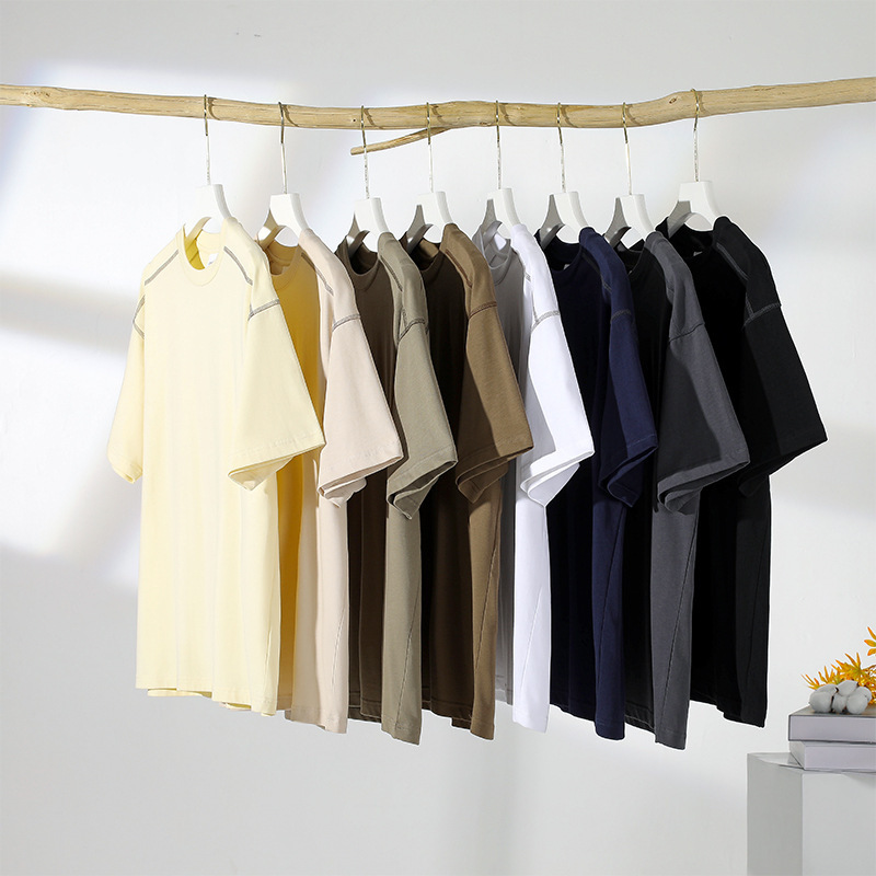厚手の250g純綿デザイン半袖Tシャツ、男性用、夏用、日本製無地、オープンステッチライン、ルーズトップ、男性用半袖Tシャツ|undefined