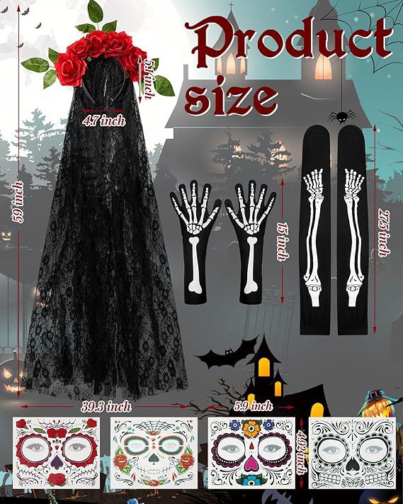 Halloween Day Of The Dead Headband Thigh High Socks Skeleton Gloves_voghion.com