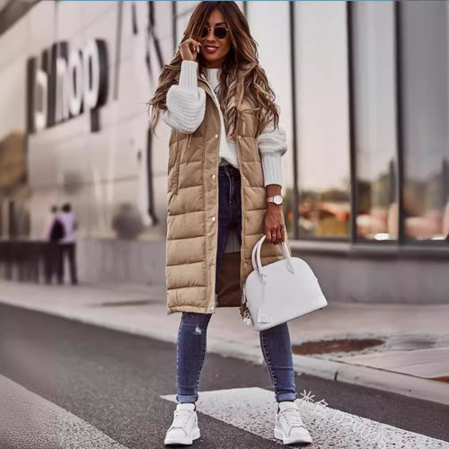 2025 Trendy Plain Color Hooded Zipper Mid-Length Cotton Vest with Slim Fit, Elegant Style Open Cardigan Coat Top for Women
