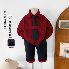 风之谷2025冬季新款童装儿童新年款个性红色衬衫男童帅气加绒上衣