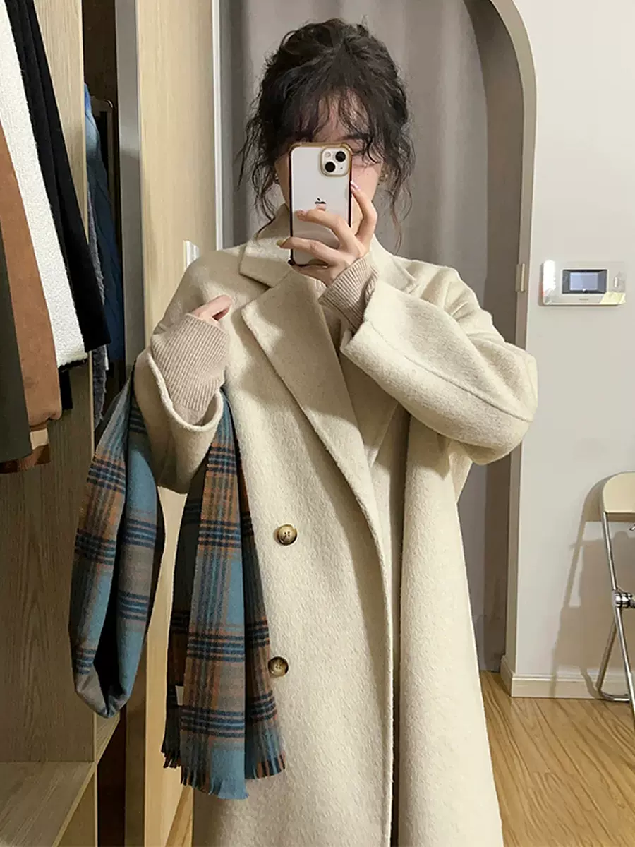 大码胖mm韩系高级感奶黑色西装大衣女冬季中长款小个子毛呢外套