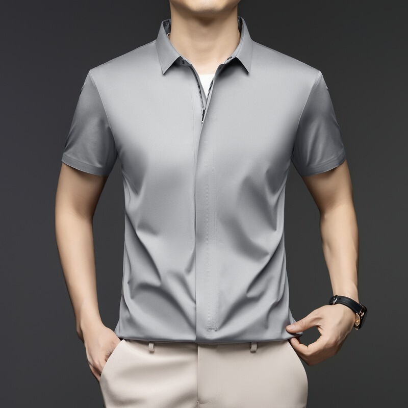 Summer Men's Seamless Short-Sleeved Shirt with Nylon and Spandex, Middle-Aged Style with Hidden Placket, Business Casual Stretch Shirt