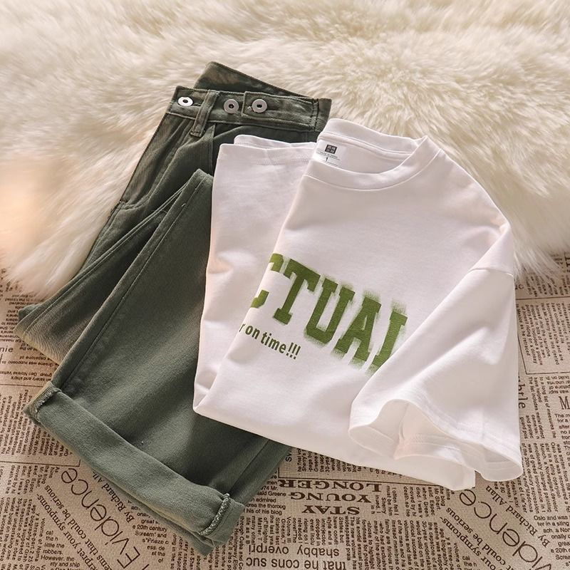Summer Dopamine Outfit Set! Short-Sleeved T-Shirt, Cotton Crew Neck Top, Women's High-Waisted Jeans, Stylish Set Summer Dopamine Outfit Set! Short-Sleeved T-Shirt, Cotton Crew Neck Top, Women's High-Waisted Jeans, Stylish Set