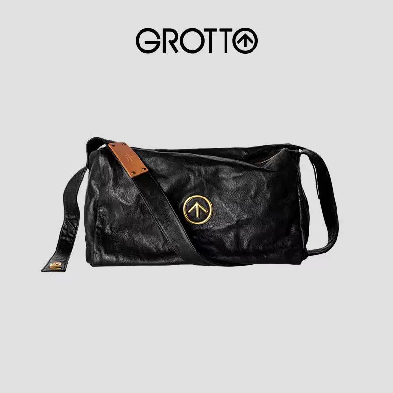 GROTTO个乐黑石包无性别主义褶皱大容量软真皮单肩斜挎百搭枕头包