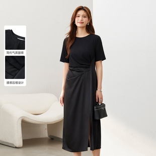 Xianlixiu Plus Size Women's Design Pleated Waist Slimming Look Splicing Elegant Dress Fat Mm 2024 Summer New Style