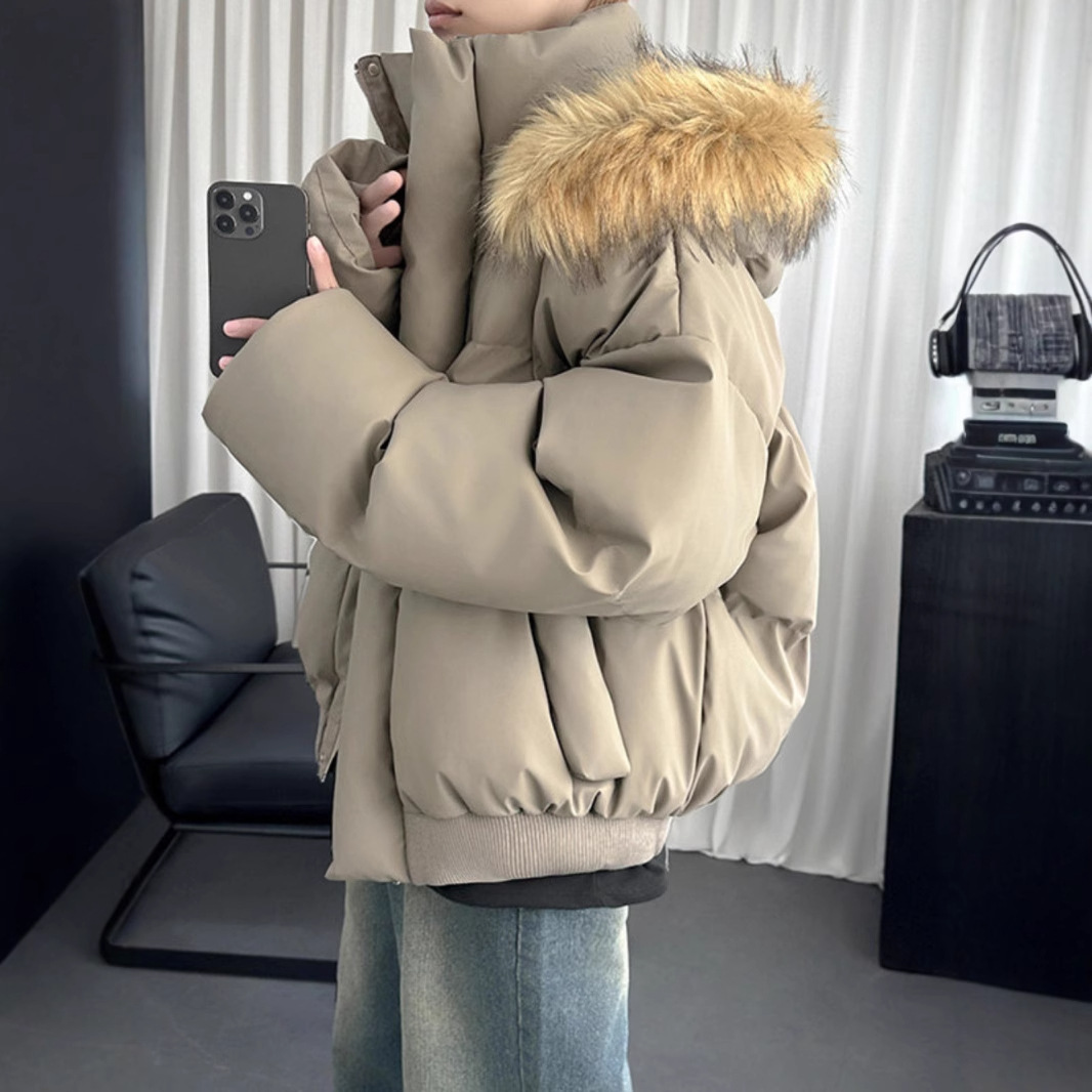 座山雕毛领pu皮派克棉服男女冬季短款质感连帽加厚外套美式面包服