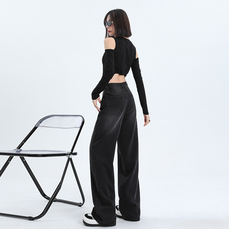 女性用ブラックグレーハイウエストワイドレッグジーンズストレートレッグルーズ卸売春の新しいスタイルのスリムフロアレングスパンツ|undefined