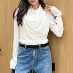欧美春季设计感荡领白色修身长袖t恤女假两件挂脖不规则露肩上衣