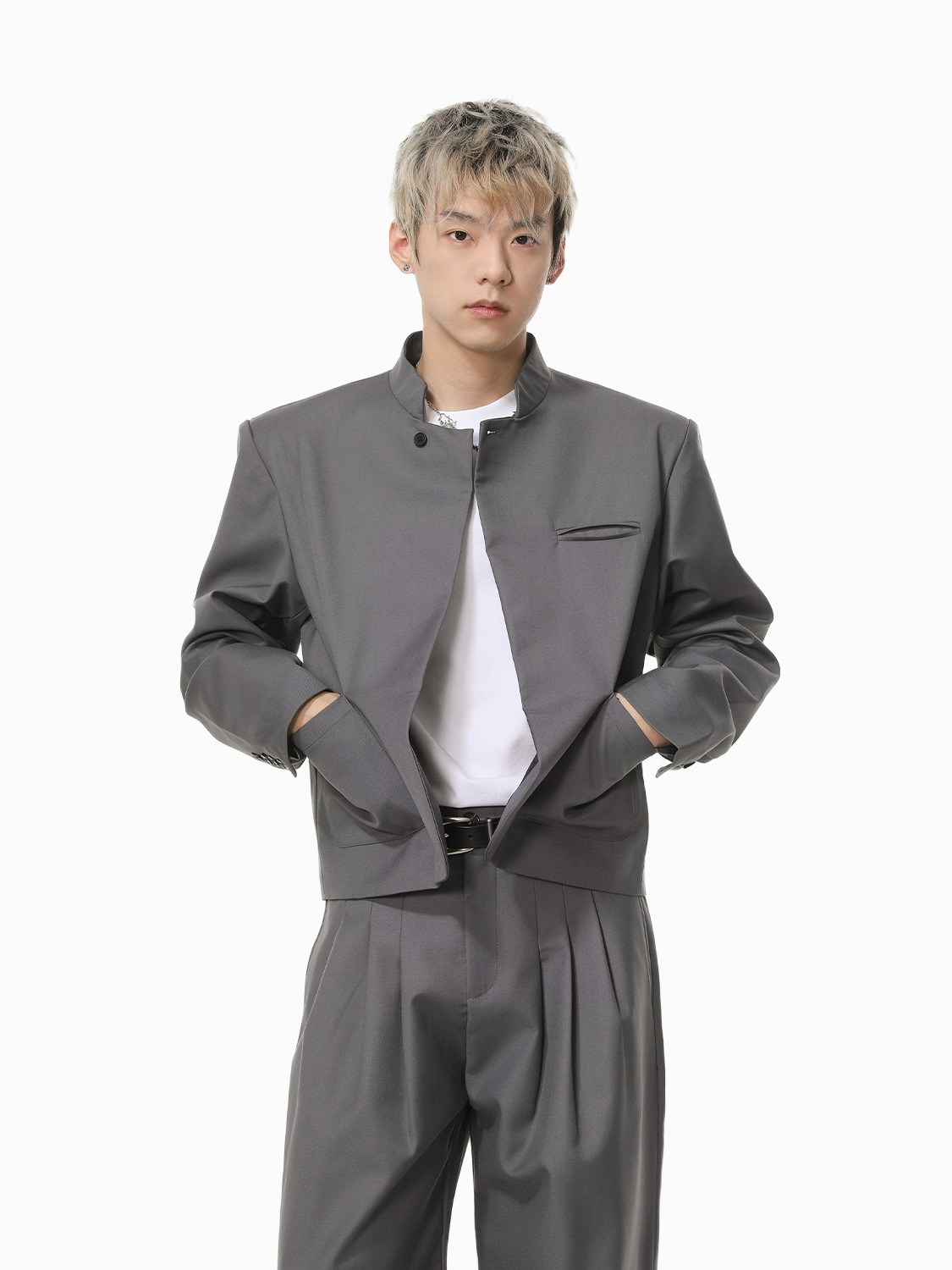 MTLCLOTHES Hombres| Chino corto de hombro con chaqueta de botón único, pantalones largos con piernas anchas y colgantes, conjunto de textura casual