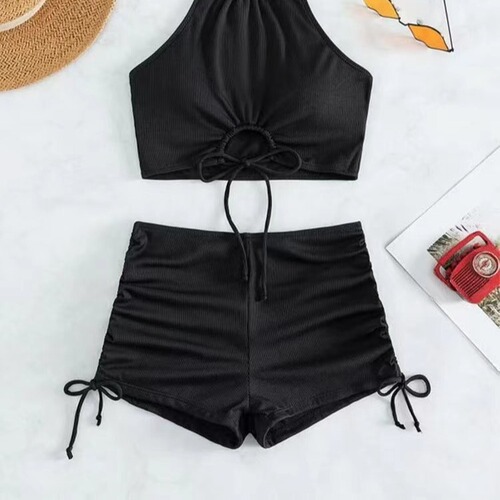 European and American style swimsuit, women's conservative bikini, solid color Huludao swimwear, sexy backless bikini for swimming