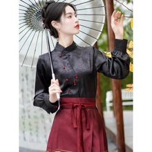 搭配马面裙的衬衫女新中式国风黑色衬衣古风汉服立领对襟上衣秋季