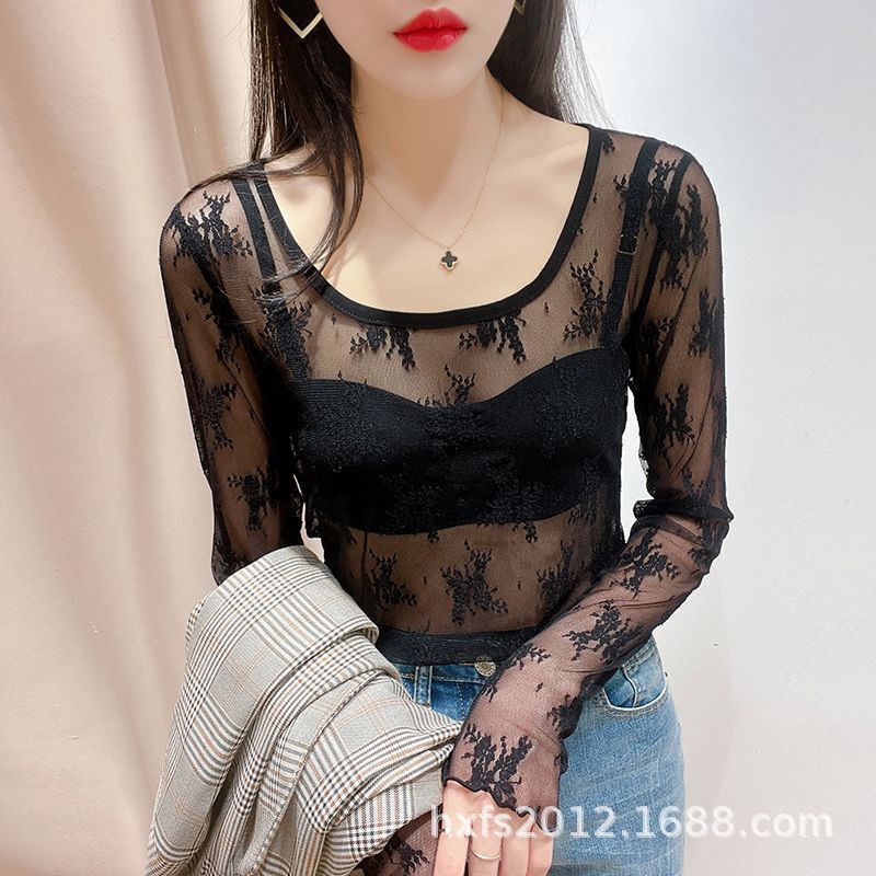 Transparent Lace Top for Women, Lace Spring and Autumn Base Shirt, Sweater Inner Layer, See-Through Mesh Long-Sleeve Black Sheer Hollow-Out Design