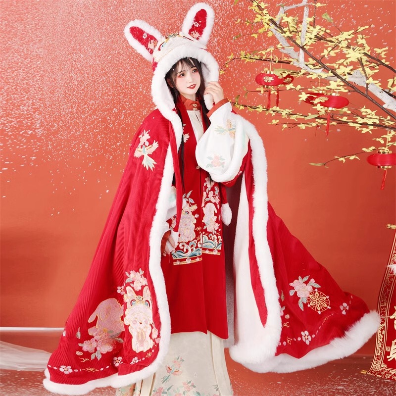 Winter Cloak Original Hanfu Women's 2024 Long fleece-lined Thickened Warm Coat New Year's Clothes Rui Rabbit Welcome New Year Cloak Winter Cloak Original Hanfu Women's 2024 Long fleece-lined Thickened Warm Coat New Year's Clothes Rui Rabbit Welcome New Year Cloak