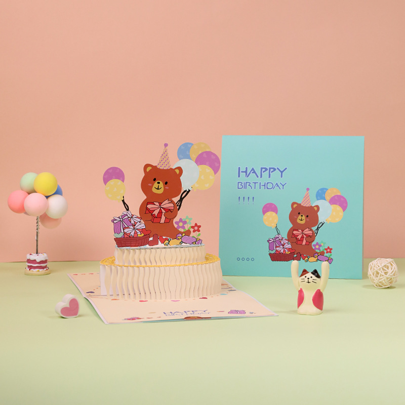 Cartoon Bear Birthday Cake Paper Sculpture 3D Greeting Card Cute Gift Message Card Postcard Wholesale