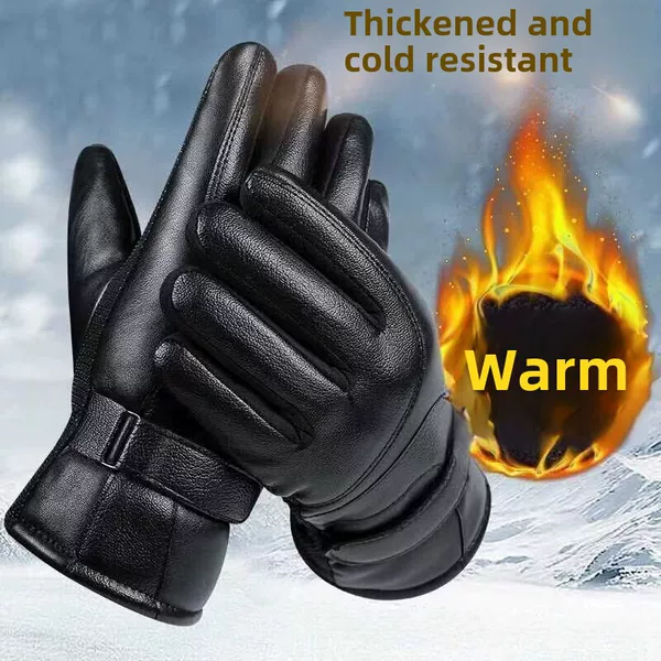 Men's Leather Gloves, Warm and Cold-Resistant, Fleece-Lined and Thickened, Waterproof for Cycling, Touchscreen Compatible, Student Motorcycle Riding Gloves, Protective