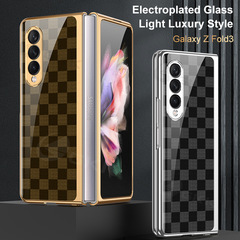 適用三星Fold3手機殼摺疊屏彩繪玻璃W22防摔創意時尚薄電鍍殼GKK