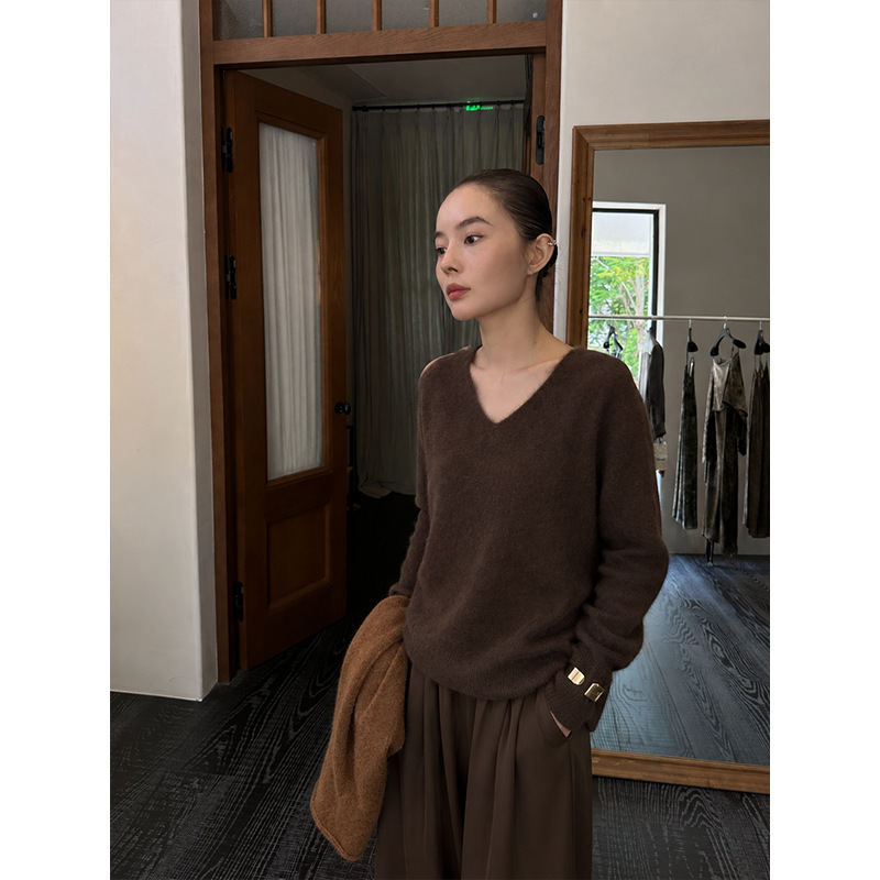 6m Shisanxing Women's Wool Sweater V-Neck Casual Korean Style Versatile Wool Knitwear Top T7653D
