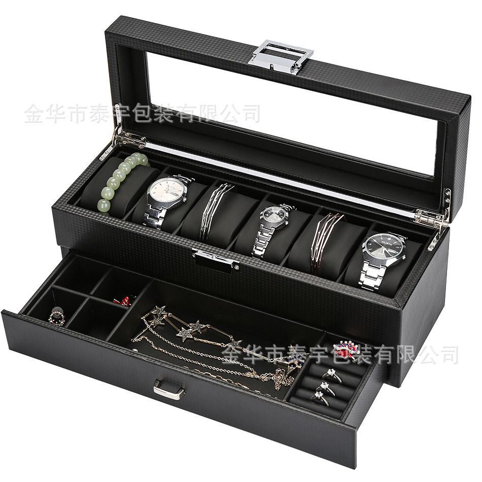 Caja de almacenamiento de reloj de gama alta de fibra de carbono de cuero de PU Caja de almacenamiento de reloj de madera Venta directa de fábrica Spot Spot Hand