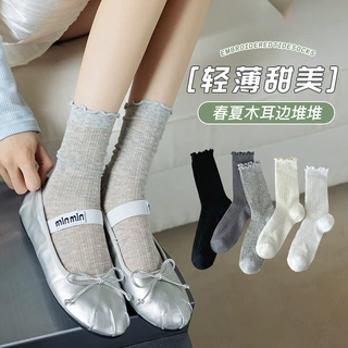 袜子女士春夏轻薄款中筒袜木耳边芭蕾风堆堆袜透气防臭吸汗长袜子