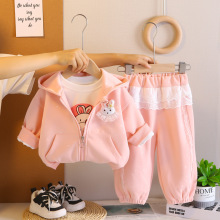 女宝宝春秋季拉链连帽开衫三件套新款休闲小女孩秋装套装儿童衣服