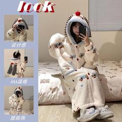 ソーセージ犬のパジャマの女性秋の冬の厚いサンゴのベルベットのパジャマの漫画のかわいい少女フランネルの家庭服のセット