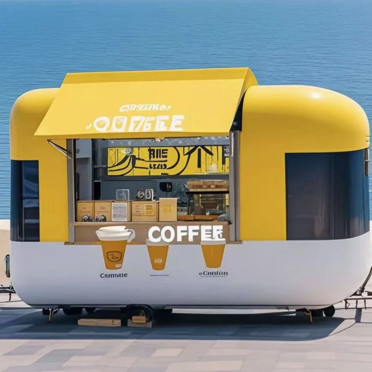 Carritos de comida comerciales en zonas turísticas, modernos food trucks, puestos en zonas turísticas que ofrecen té con leche y barbacoa.