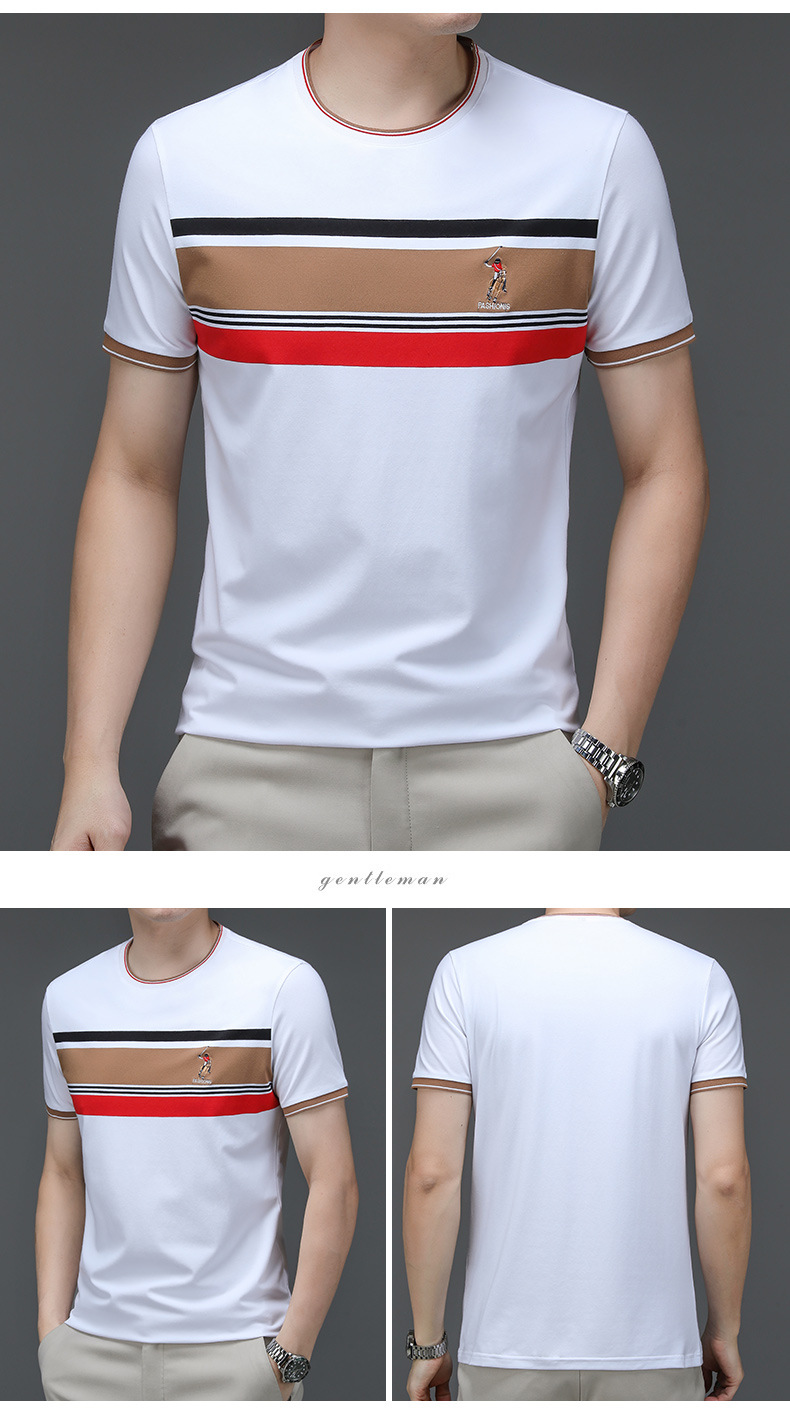 Mingdi Mouse – T-shirt à manches courtes et col rond pour homme, Polo d'affaires à rayures en pur coton, nouvelle collection été 2024_voghion.com