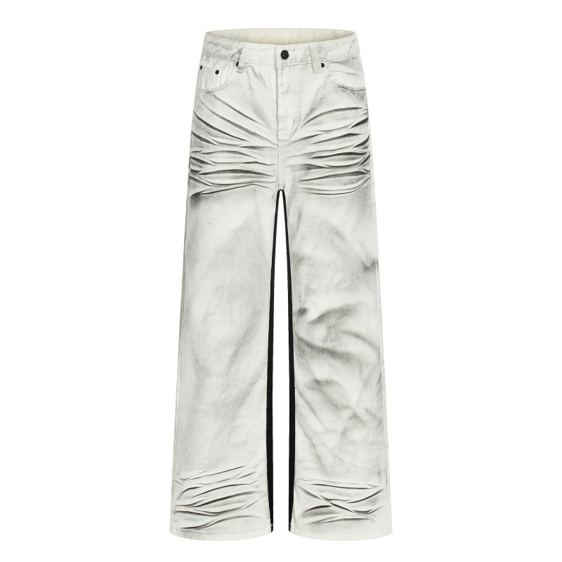 Dirty-Dyed Cat-Whiskers Distressed Design | American Street Style Cool Loose Straight-Leg Pants | Versatile Straight-Leg Jeans for Men and Women