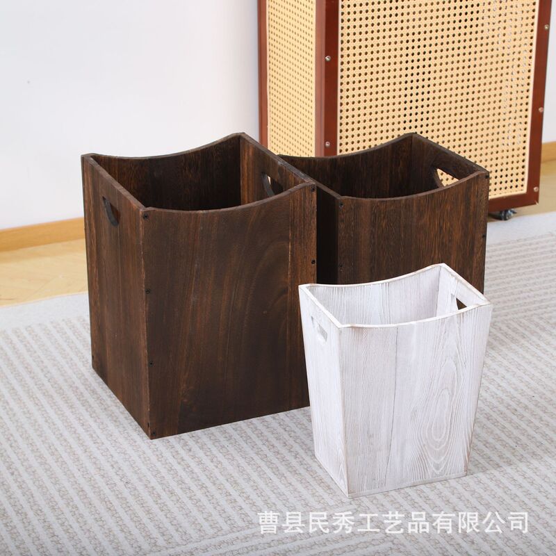In-Stock Solid Wood Trash Can, Vintage Style, Portable, Suitable for Hotels and Guesthouses, Multifunctional Household Trash Basket, Balcony Laundry Basket