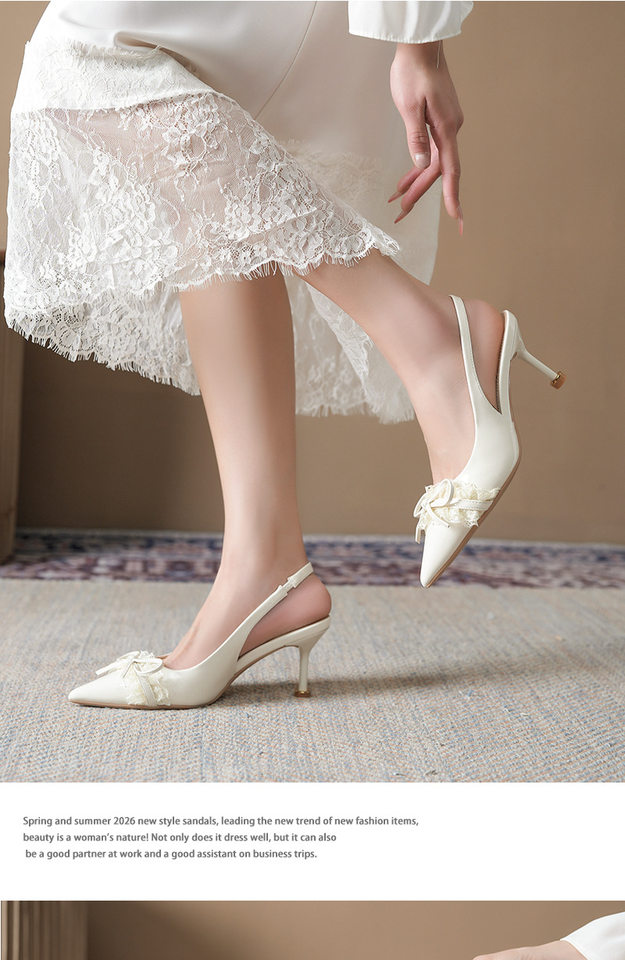 Sandal cao gót mũi nhọn bít mũi quai ngang ren nơ gót mảnh — Màu trắng ngà, màu đen chi tiết 7