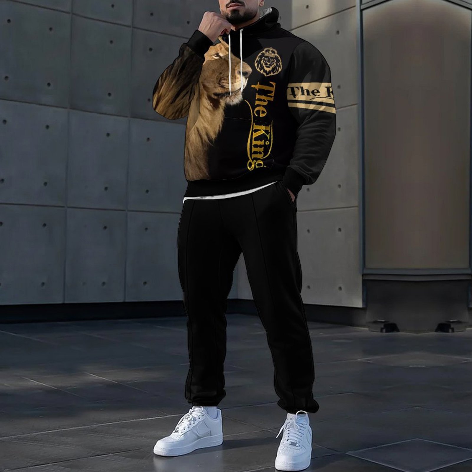 Traje de pantalón de suéter con capucha con estampado de animales 3D HD, MC11-ML1 de dos piezas de estilo perezoso y casual para el hogar