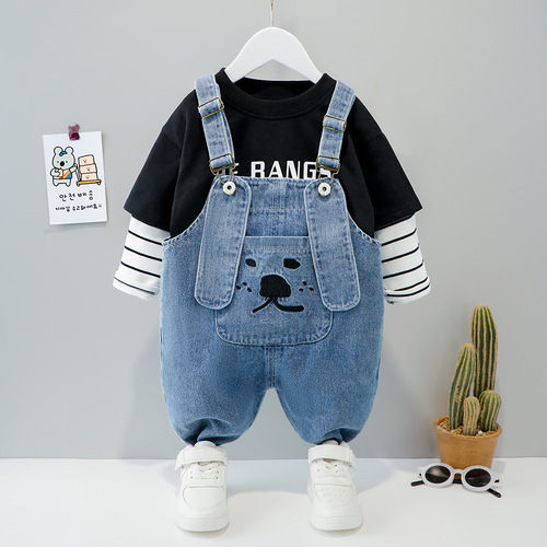 Children's boys and girls denim overalls long-sleeved suit baby casual cartoon Korean version cotton two-piece set manufacturer wholesale